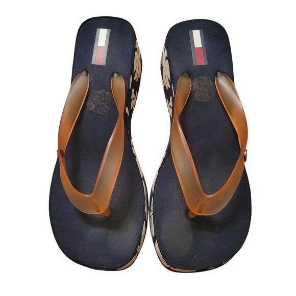 Tommy Hilfiger Platform Flip Flops 7M Navy White Floral Chunky 90s Y2K Sandals - Picture 5 of 11